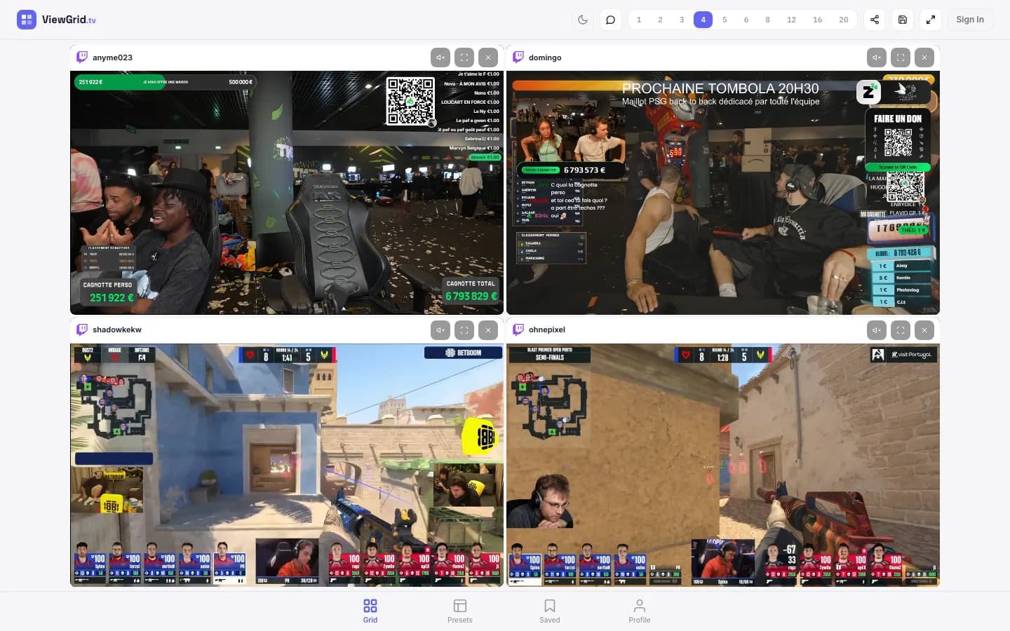 ViewGrid showing four Twitch streams at once in a 2x2 grid: two IRL event streams and two CS2 co-streams of the same match