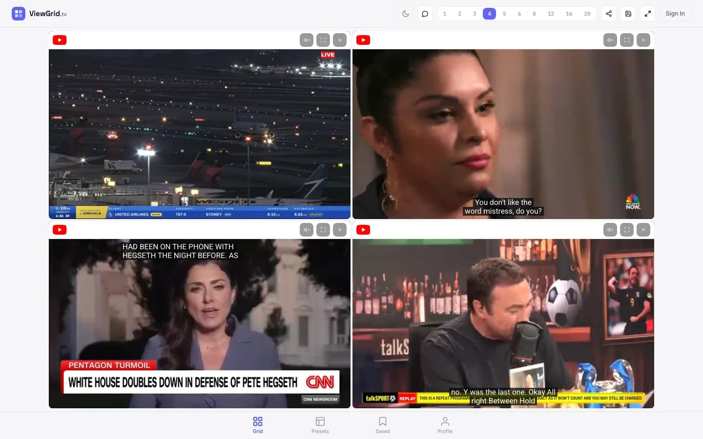 ViewGrid showing four YouTube live streams at once in a 2x2 grid: an airport live cam, two news channels and a sports talk show